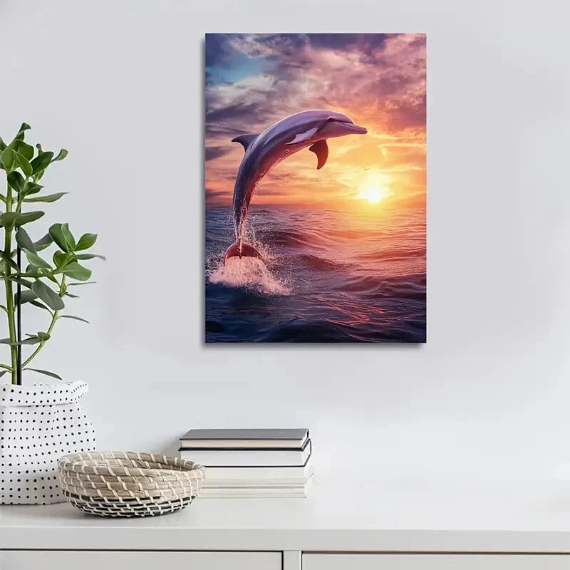 Photorealistic Dolphin Leap at Sunset Painting 40x60cm Metal Print Ready to Hang