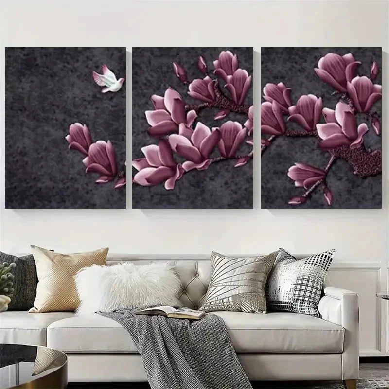 3pcs Purple Magnolia Blossom Botanical Floral Metal Print Ready to Hang Art