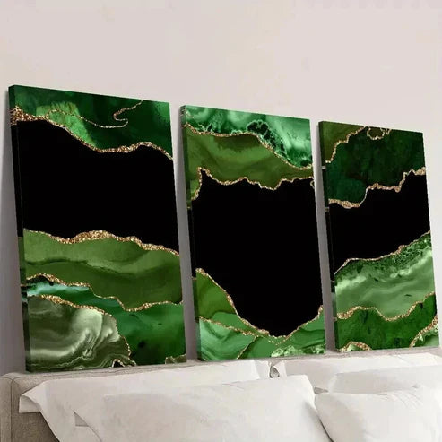 3pcs Dark Green Stone Texture with Golden Accent Wall Art Canvas Unframed - High Quality Print 100% Australian Made Wall Canvas