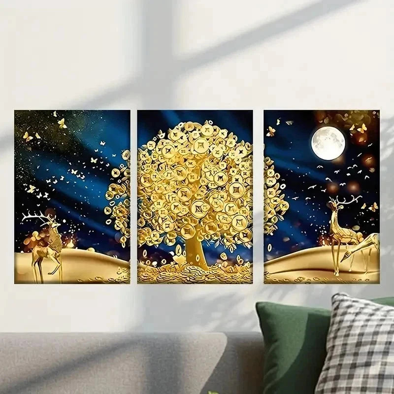 3pcs Golden Tree in Forest Scene with Deer Wall Art Set Canvas Framed 40x60cm - High Quality Print 100% Australian Made Wall Canvas Ready to Hang