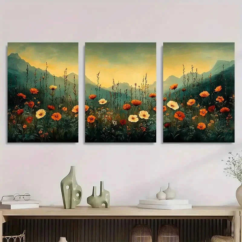3pcs Vintage Wildflower Dark Green Floral Metal Print Ready to Hang Art