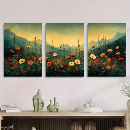 3pcs Vintage Wildflower Dark Green Floral Metal Print Ready to Hang Art