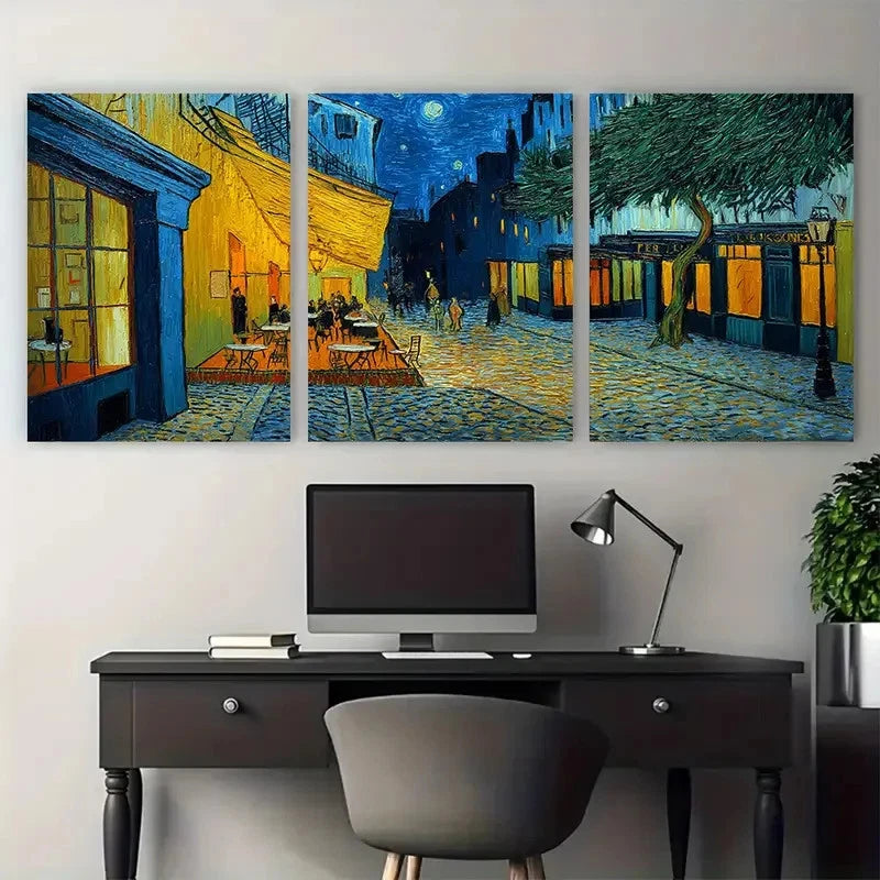 3pcs A Vincent Van Gogh Street Inspired Perfect Wall Art Set Canvas Framed 40x60cm - High Quality Print 100% Australian Made Wall Canvas Ready to Hang