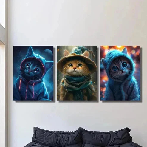 3pcs Cute Cat Art Wearing Clothes Wall Art Canvas Unframed – High Quality Print 100% Australian Made Wall Canvas