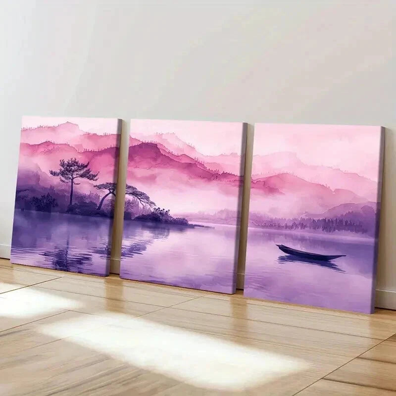 3pcs Traditional Chinese Landscape Boat & Lake Wall Art Set Canvas Framed 40x60cm - High Quality Print 100% Australian Made Wall Canvas Ready to Hang