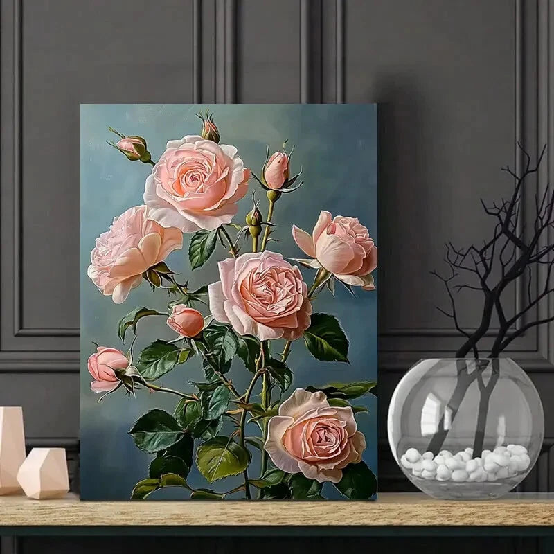 Pink Roses Green Leaves Floral Painting  40x60cm Metal Print Ready to Hang
