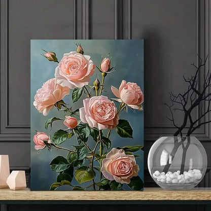 Pink Roses Green Leaves Floral Painting  40x60cm Metal Print Ready to Hang