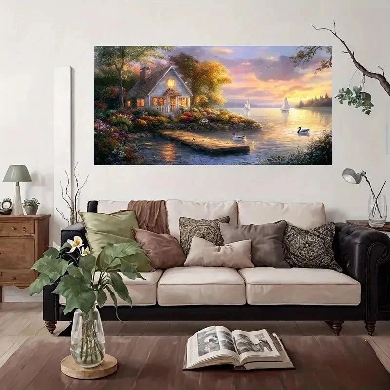 Lakeside Cottage Sunset Scene Wall Art Canvas Office Home Room Framed 120x60cm
