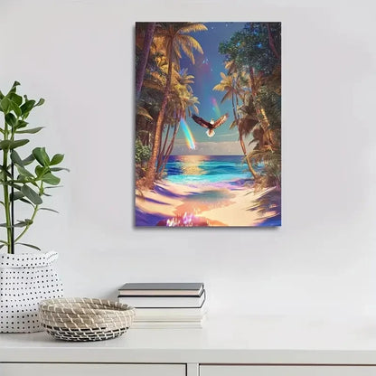 Surreal Eagle Swinging from Trees on Sandy Painting 40x60cm Metal Print Ready to Hang