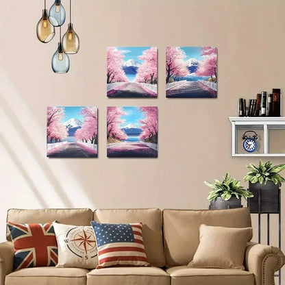4pcsCherry Blossom & Mt. Fuji Road ScenesWall Art Canvas Framed