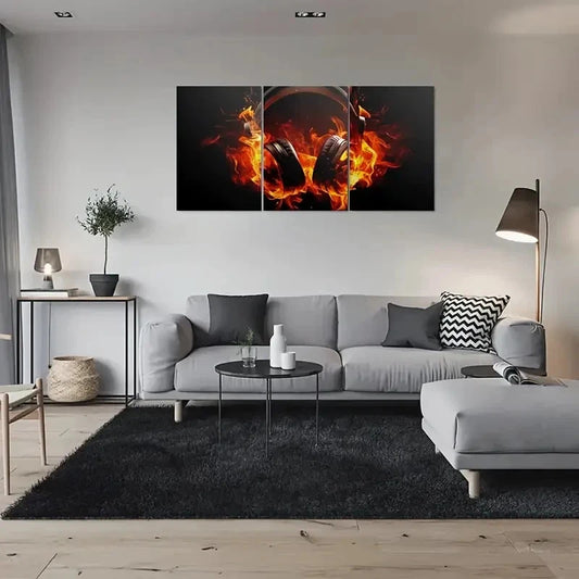 3pcs Flaming Headphones Fire Design Wall Art Set Canvas Framed 60x90cm - High Quality Print 100% Australian Made Wall Canvas Ready to Hang