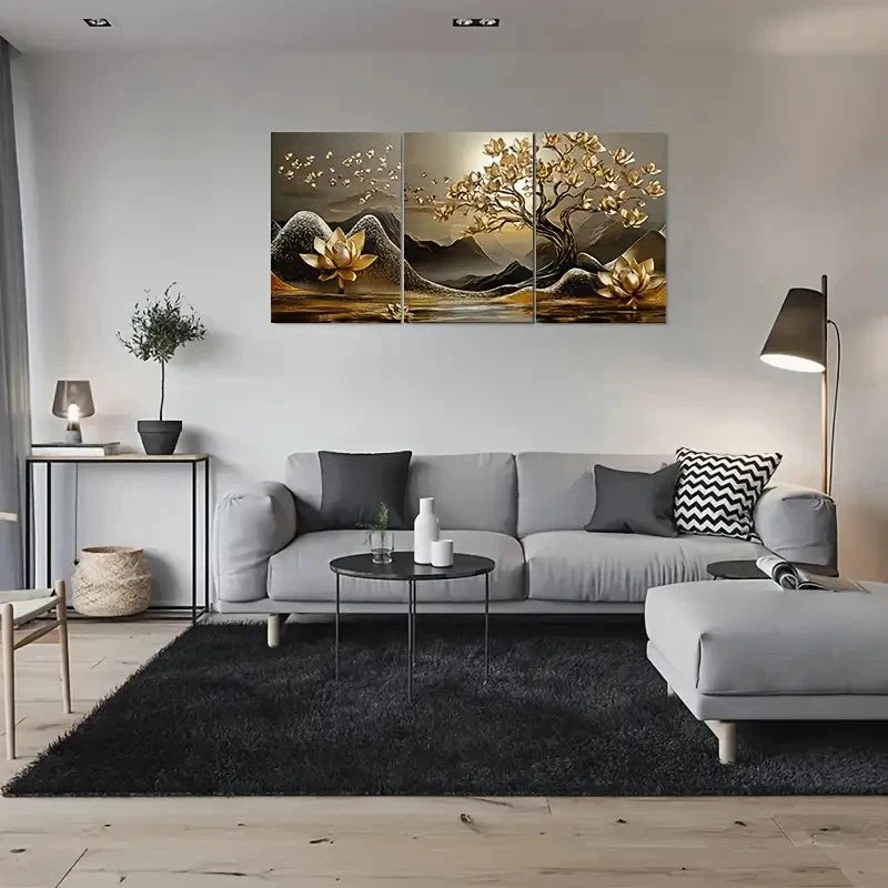 3pcs Golden Lotus Tree Golden Metal Print Ready to Hang Art
