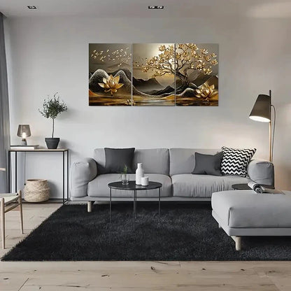 3pcs Golden Lotus Tree Golden Metal Print Ready to Hang Art