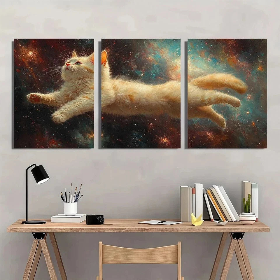 3pcs Surreal White Cat in Cosmic Space Metal Print Ready to Hang Art