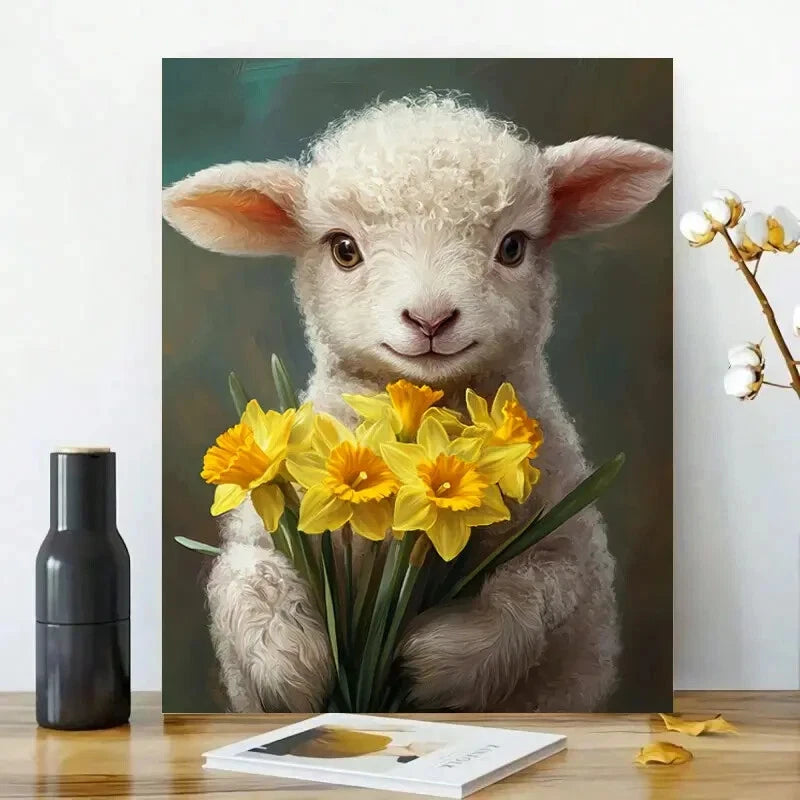 Cute Baby Lamb Holding Daffodils Painting  40x60cm Metal Print Ready to Hang