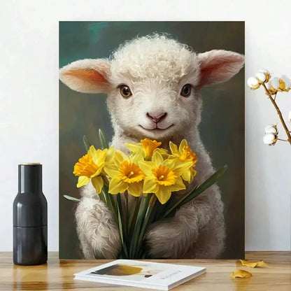 Cute Baby Lamb Holding Daffodils Painting  40x60cm Metal Print Ready to Hang