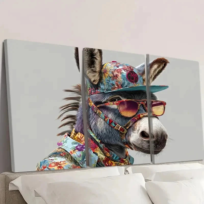 3pcs Cool Stylish Donkey with Baseball Cap Wall Art Set Canvas Framed 60x90cm - High Quality Print 100% Australian Made Wall Canvas Ready to Hang