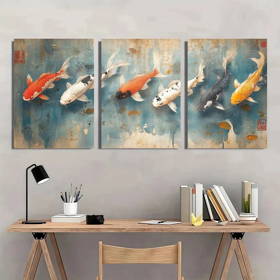 3pcs Abstract Koi Fish Design Oil Painting Metal Print Ready to Hang Art