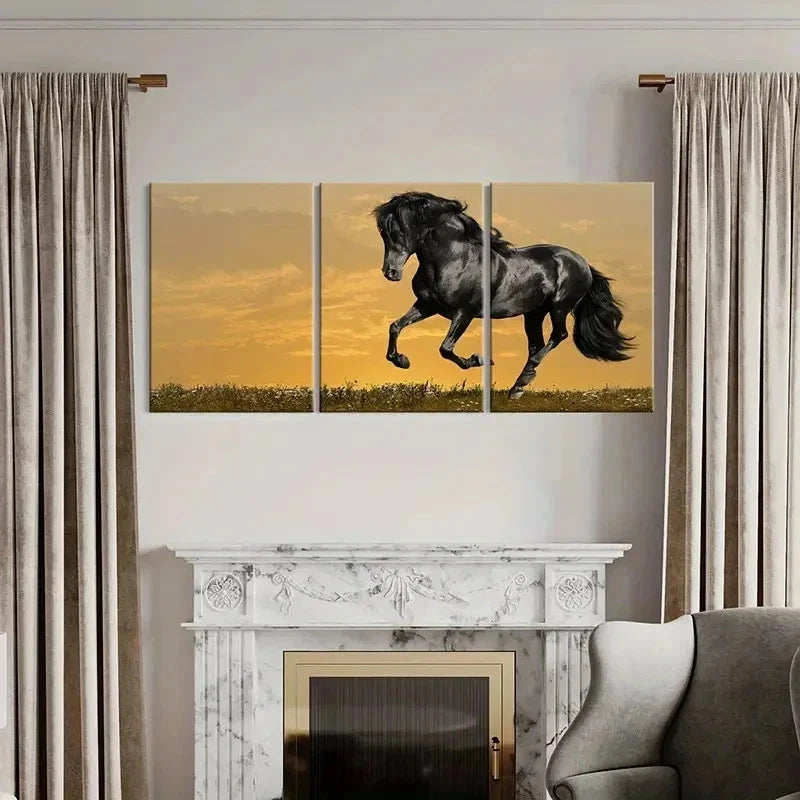 3pcs Elegant Black Horse with Golden Sky Wall Art Set Canvas Framed 40x60cm - High Quality Print 100% Australian Made Wall Canvas Ready to Hang
