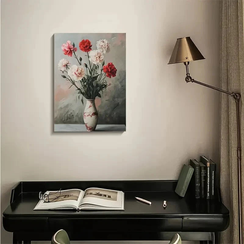 Vibrant Red & Pink Carnations with Marbled Vase 40x60cm Metal Print Ready to Hang