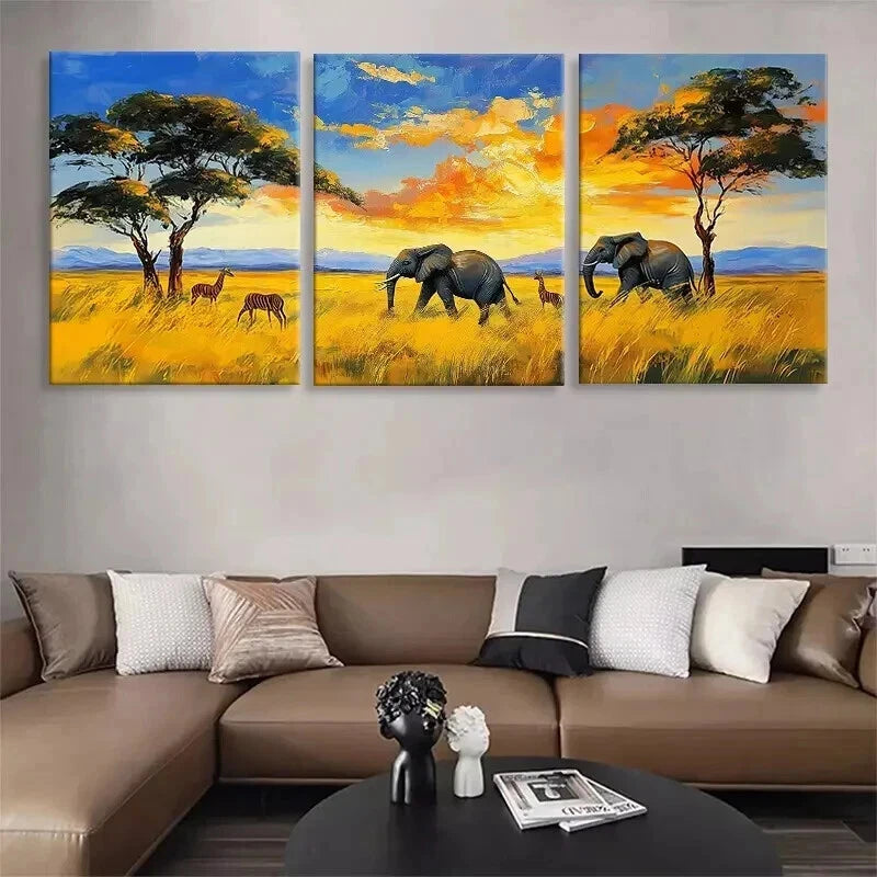 3pcs Safari Sunset Landscape Golden Perfect Wall Art Set Canvas Framed 40x60cm - High Quality Print 100% Australian Made Wall Canvas Ready to Hang