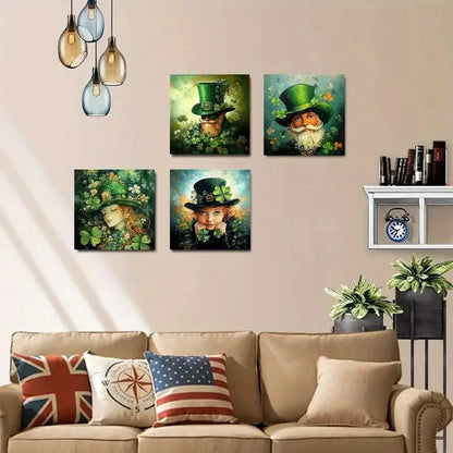 4pcs Hat and Four Leaf Clover Wall Art Canvas Framed