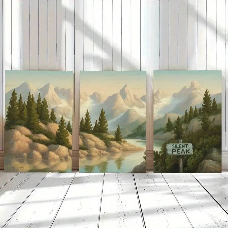 3pcs Pine Trees & Mountain Peaks Landscape Metal Print Ready to Hang Art