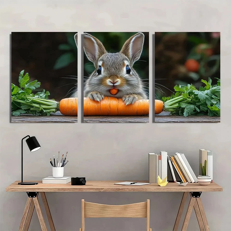 3pcs Rabbit Eats Carrot Painting Metal Print Ready to Hang Art
