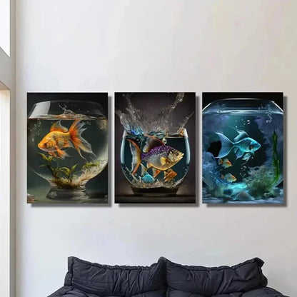 3pcs Vibrant Goldfishes in Aquarium Scene Wall Art Canvas Unframed - High Quality Print 100% Australian Made Wall Canvas