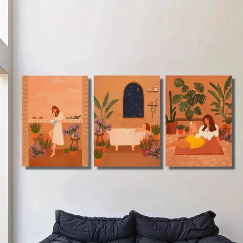 3pcs Serene Plant & Girl Illustrations Wall Art Canvas Unframed – High Quality Print 100% Australian Made Wall Canvas