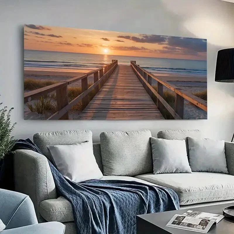 Scenic Beach Sunset Pier wall canvas office home room framed 120x60cm