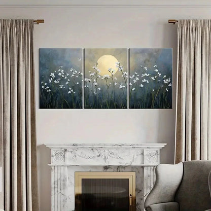 3pcs White Flowers & Night Sky Tranquil Nature Metal Print Ready to Hang Art