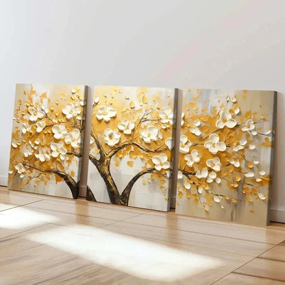 3pcs Abstract Golden Leaf White Flowers Wall Art Set Canvas Framed 40x60cm - High Quality Print 100% Australian Made Wall Canvas Ready to Hang