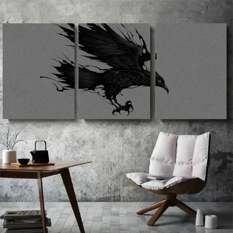 3pcs Black Bird in Flight with Dramatic Wings Metal Print Ready to Hang Art