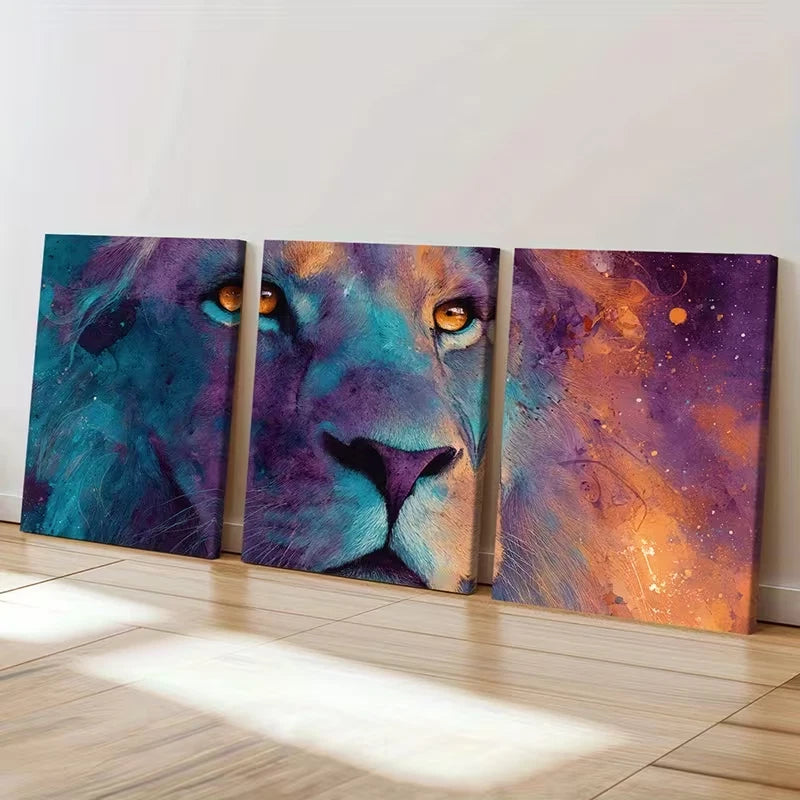 3pcs Abstract Lion Vibrant Colors Bold Design Wall Art Set Canvas Framed 50x70cm - High Quality Print 100% Australian Made Wall Canvas Ready to Hang