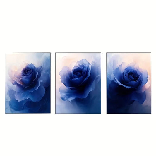 3pcs Blue Rose Elegant Floral Decoration   Wall Art Set Canvas Framed 60x90cm - High Quality Print 100% Australian Made Wall Canvas Ready to Hang