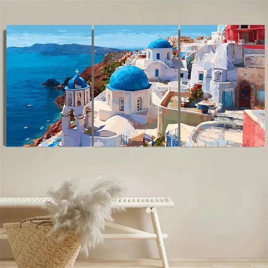 3pcs Santorini Greece Coastal, Europe Cityscape Wall Art Set Canvas Framed 40x60cm - High Quality Print 100% Australian Made Wall Canvas Ready to Hang