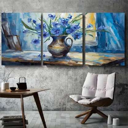 3pcs Elegant Cornflower Blue Floral Vase Wall Art Set Canvas Framed 40x60cm - High Quality Print 100% Australian Made Wall Canvas Ready to Hang