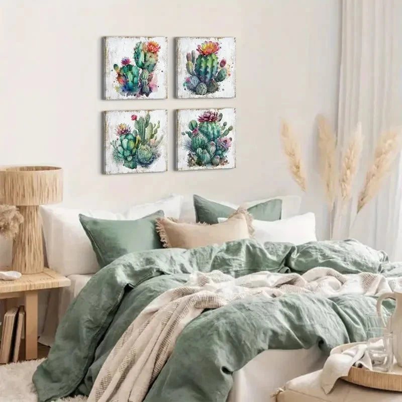 4pcs Cactus Decor Succulent  Wall Art Canvas Framed