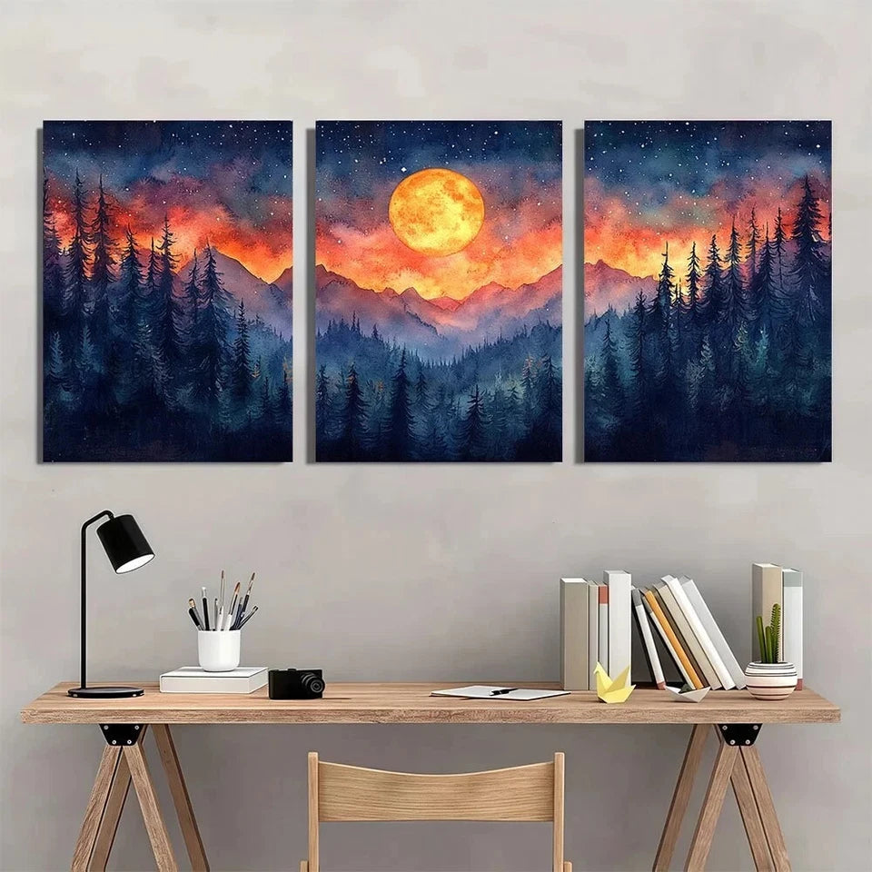 3pcs Starry Night Forest Nature Metal Print Ready to Hang Art