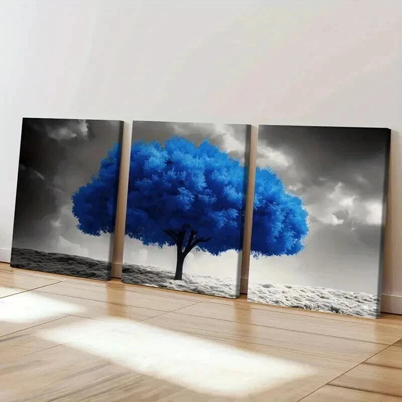 3pcs Blue Tree Stormy Sky Serene Landscape Wall Art Set Canvas Framed 40x60cm - High Quality Print 100% Australian Made Wall Canvas Ready to Hang
