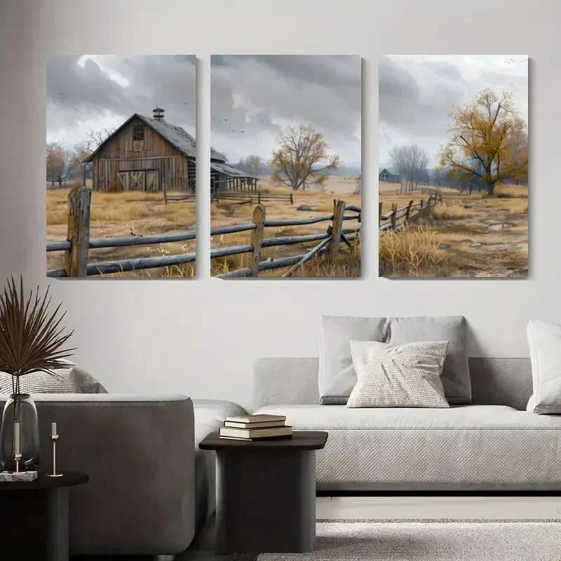 3pcs Wooden Fences& Fall Foliage Metal Print Ready to Hang Art