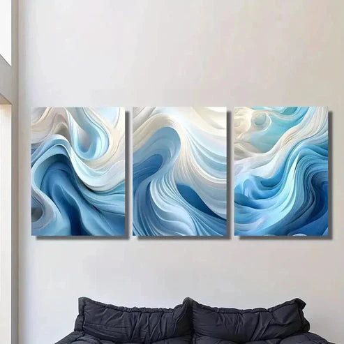 3pcs Abstract Blue and White Swirl Wave Wall Art Canvas Unframed - High Quality Print 100% Australian Made Wall Canvas