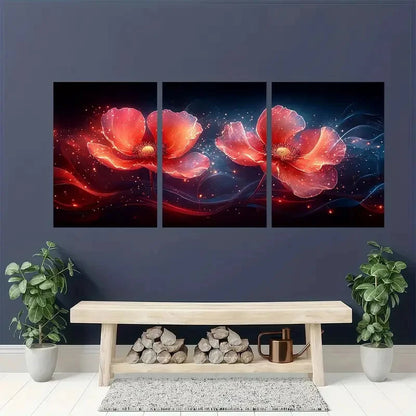 3pcs Vibrant Abstract Floral Red & Orange Metal Print Ready to Hang Art