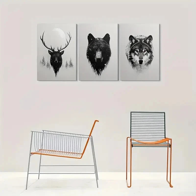3pcs Deer Bear Wolf Modern Black and White Metal Print Ready to Hang Art