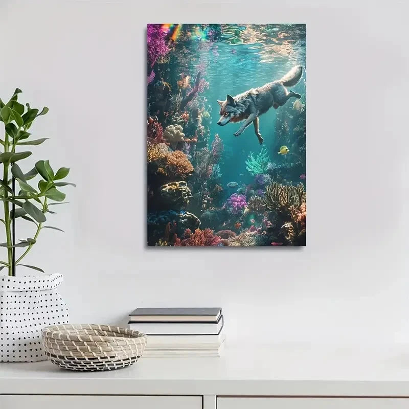 Dreamlike Underwater Wolf Scene with Coral Painting 40x60cm Metal Print Ready to Hang