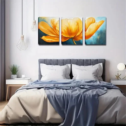 3pcs Yellow Tulip on Blue Background Perfect Wall Art Canvas Unframed - High Quality Print 100% Australian Made Wall Canvas
