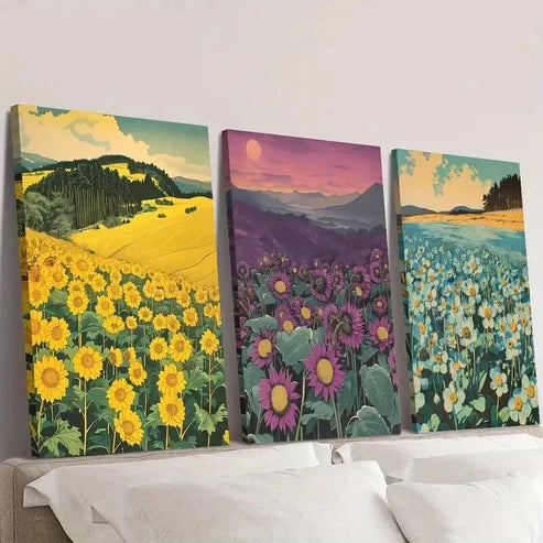 3pcs Flower Fields with Mountain & Sky Wall Art Canvas Unframed - High Quality Print 100% Australian Made Wall Canvas