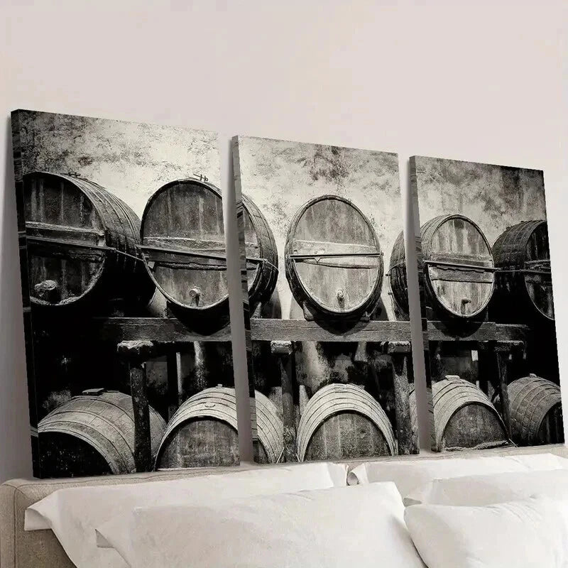 3pcs Wine Barrels Stacked in a Vintage Winery Wall Art Set Canvas Framed 40x60cm - High Quality Print 100% Australian Made Wall Canvas Ready to Hang