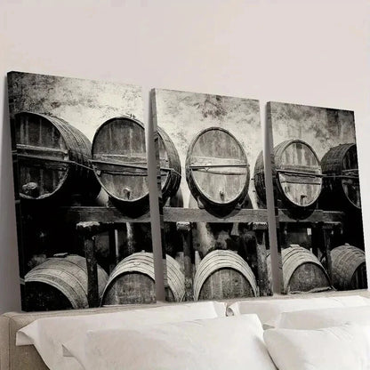 3pcs Wine Barrels Stacked in a Vintage Winery Wall Art Set Canvas Framed 40x60cm - High Quality Print 100% Australian Made Wall Canvas Ready to Hang